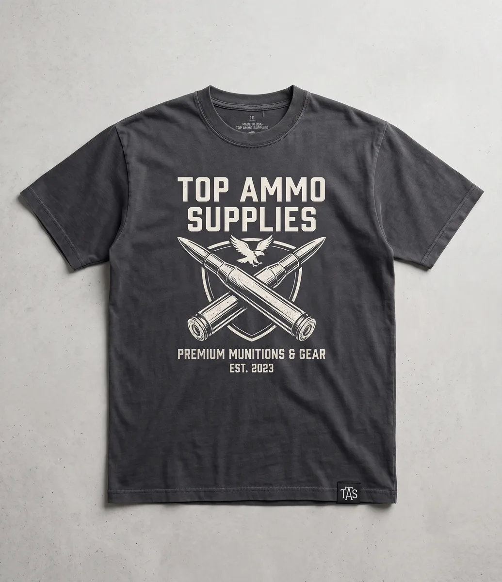 Charcoal tee with crossed rounds and eagle badge print