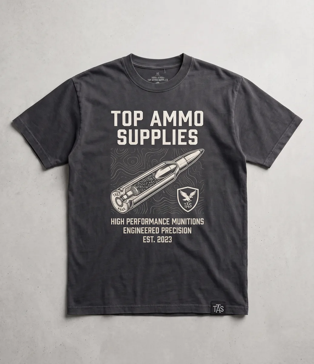Charcoal tee with single cartridge and shield print
