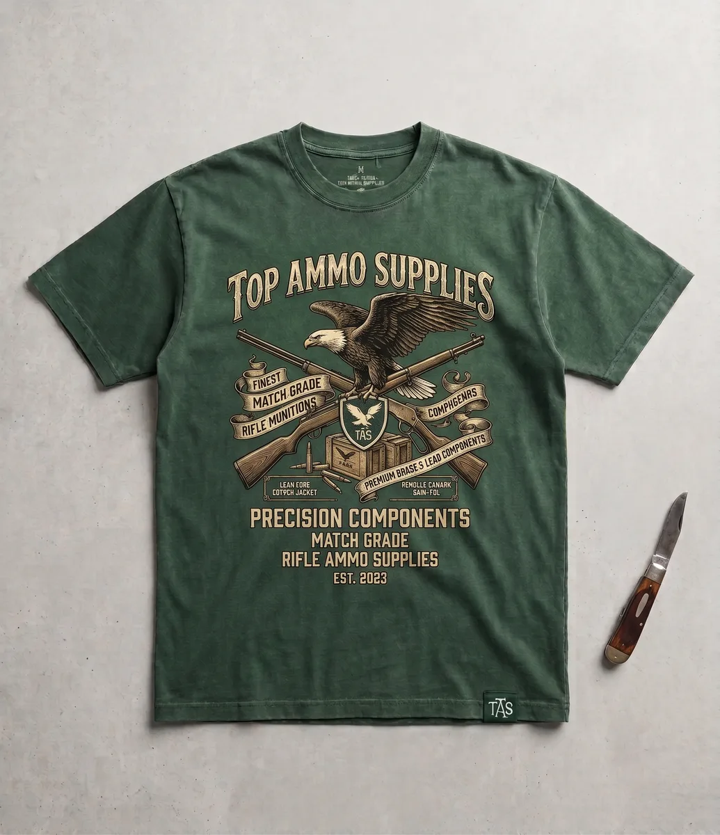 Forest green tee with eagle and crossed rifles crest print