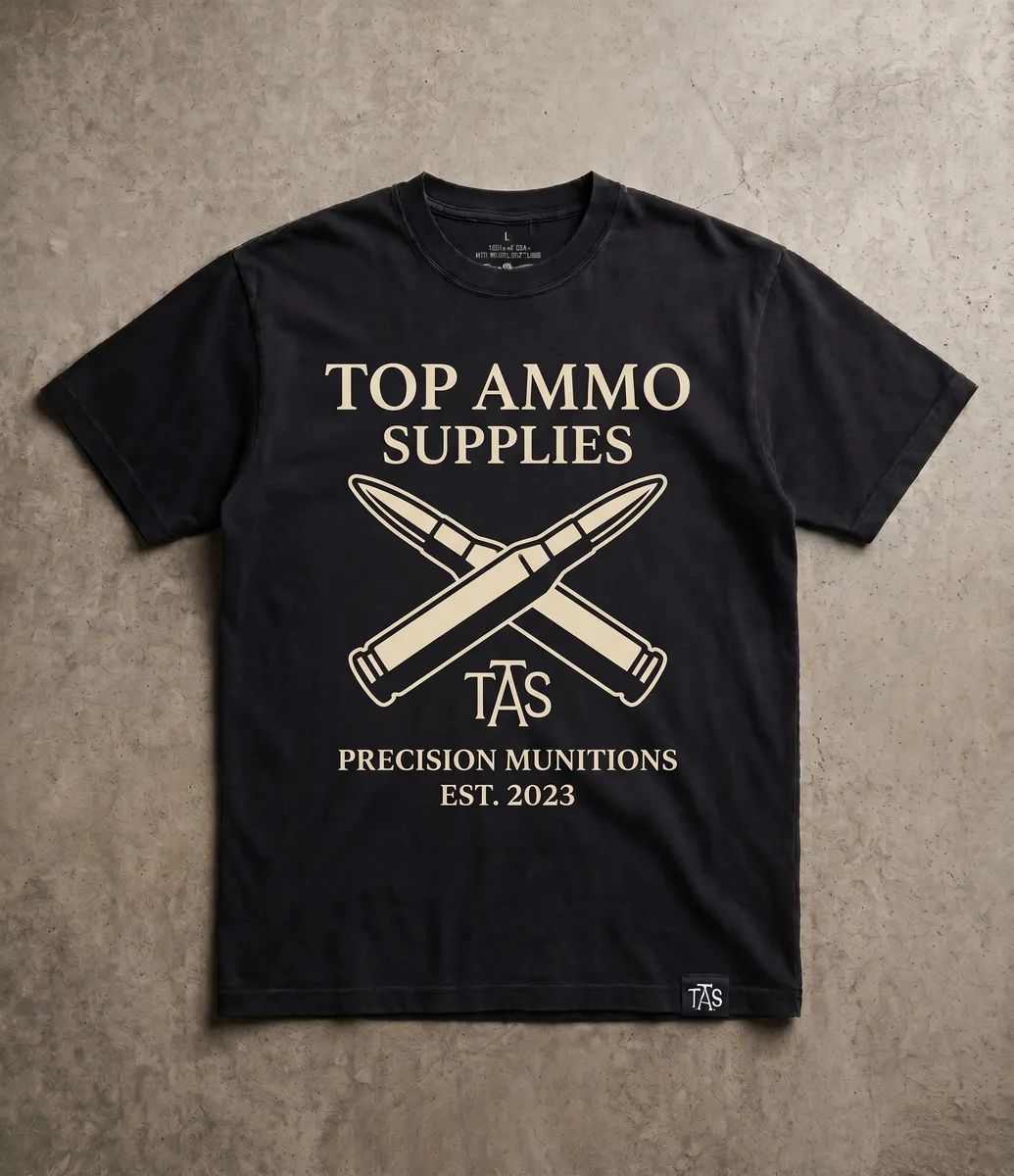 Black tee with crossed rounds and TAS monogram print