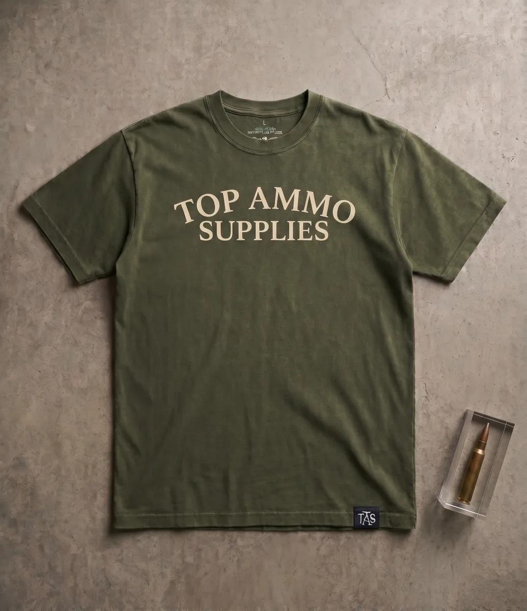 Olive tee with arched Top Ammo Supplies wordmark