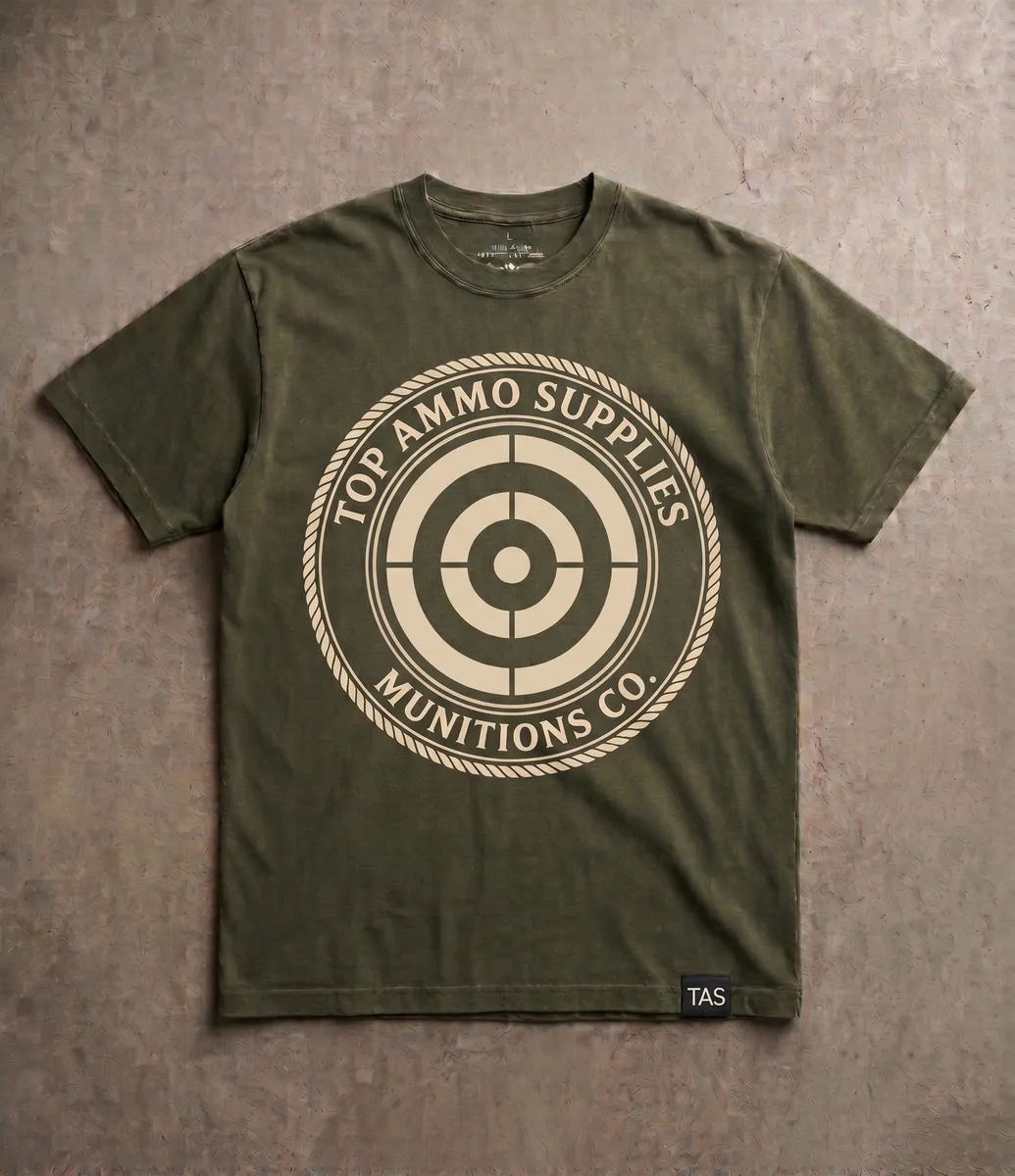 Olive tee with target roundel and Munitions Co. print
