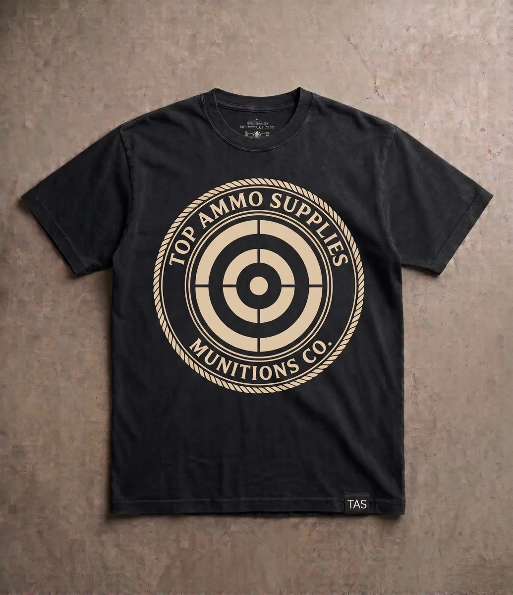 Black tee with target roundel and Munitions Co. print